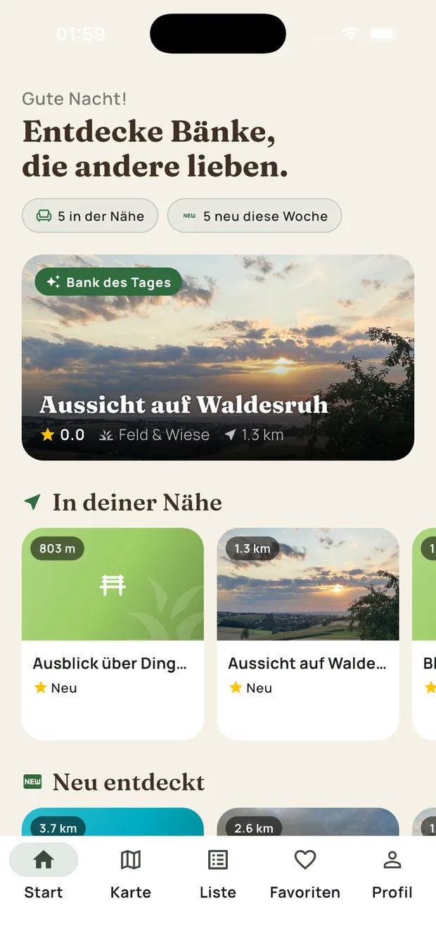Startbildschirm der Bankomat-App mit Bank des Tages und Bänken in der Nähe